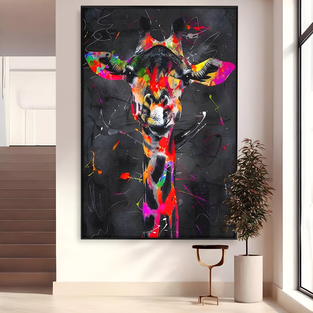 Tablou canvas cu tablou canvas cu girafa multicolor, in rama de aluminiu negru